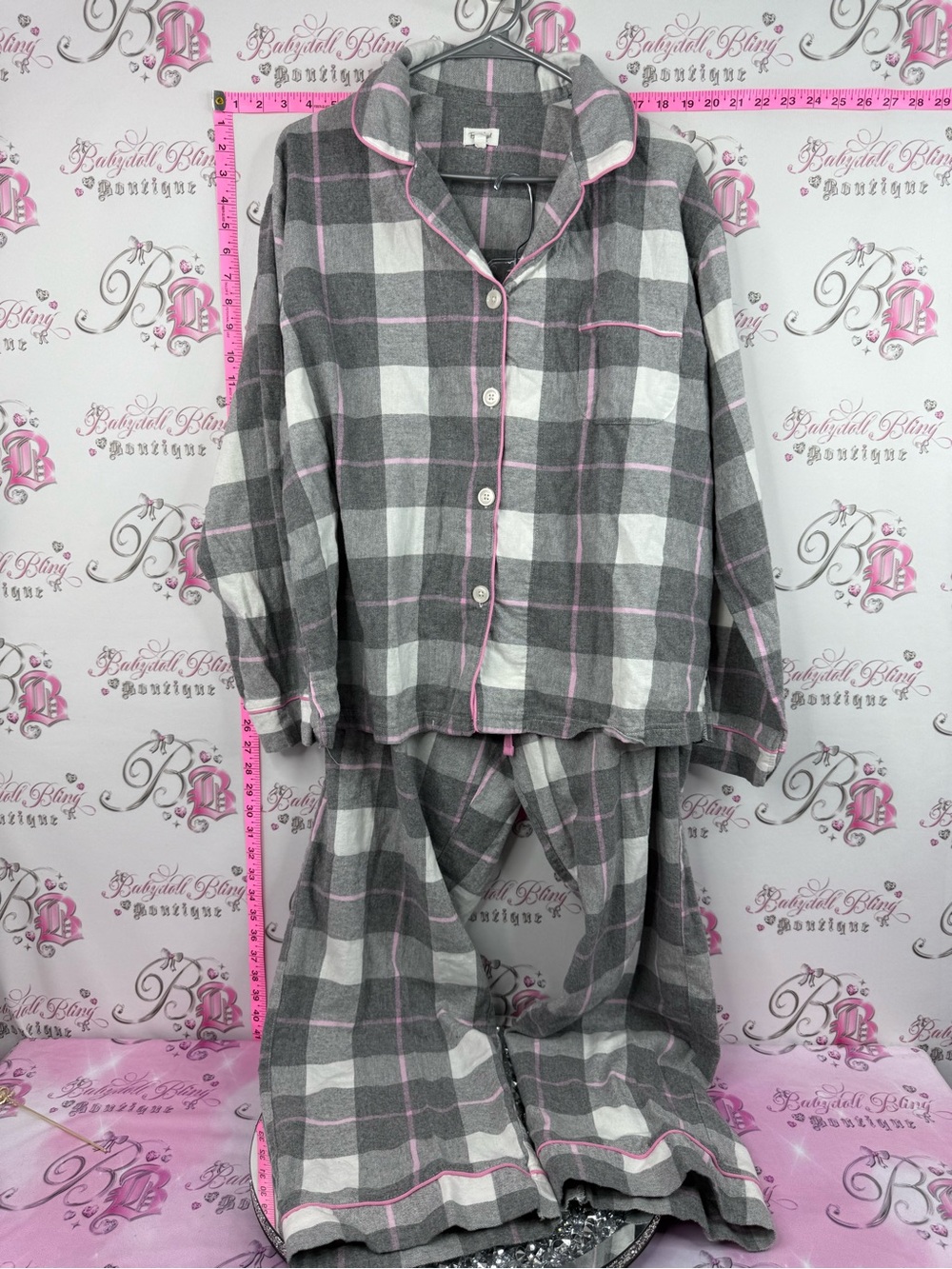 BedHead set pj cotton grey & White Plaid Pajama Set with Pink Trim